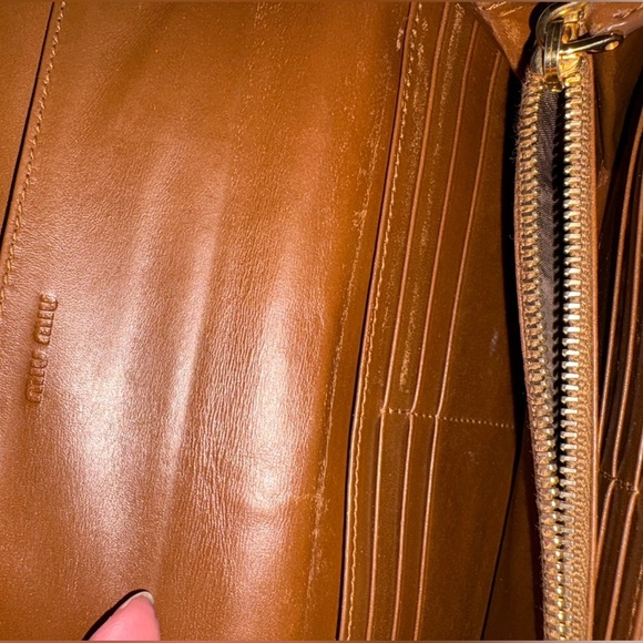 Prada MIU MIU Long Leather Wallet Camel Tan Gold Letters - Picture 6 of 14